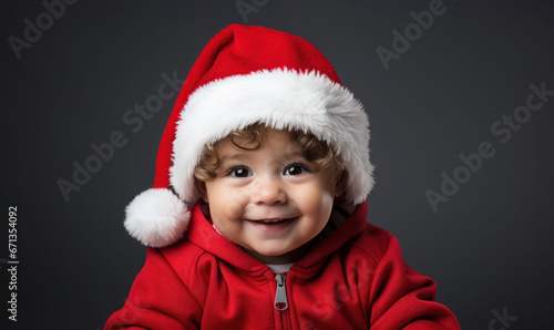 Playful curly-haired toddler dons a Santa hat  exuding Christmas cheer on a dark backdrop. 