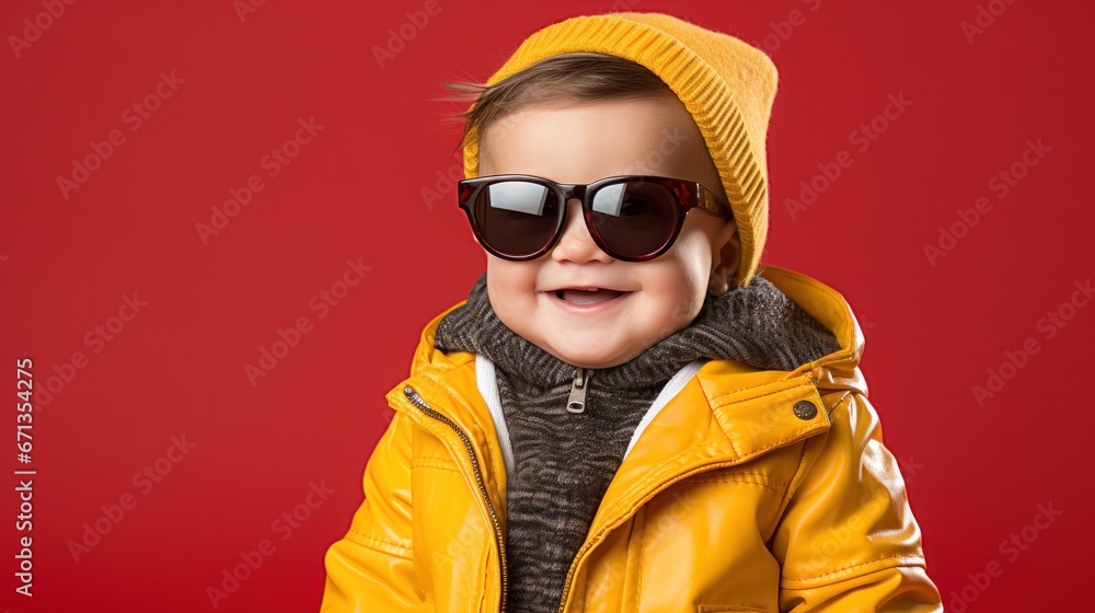 Stylish toddler with sunglasses and yellow jacket on red background looking cool.