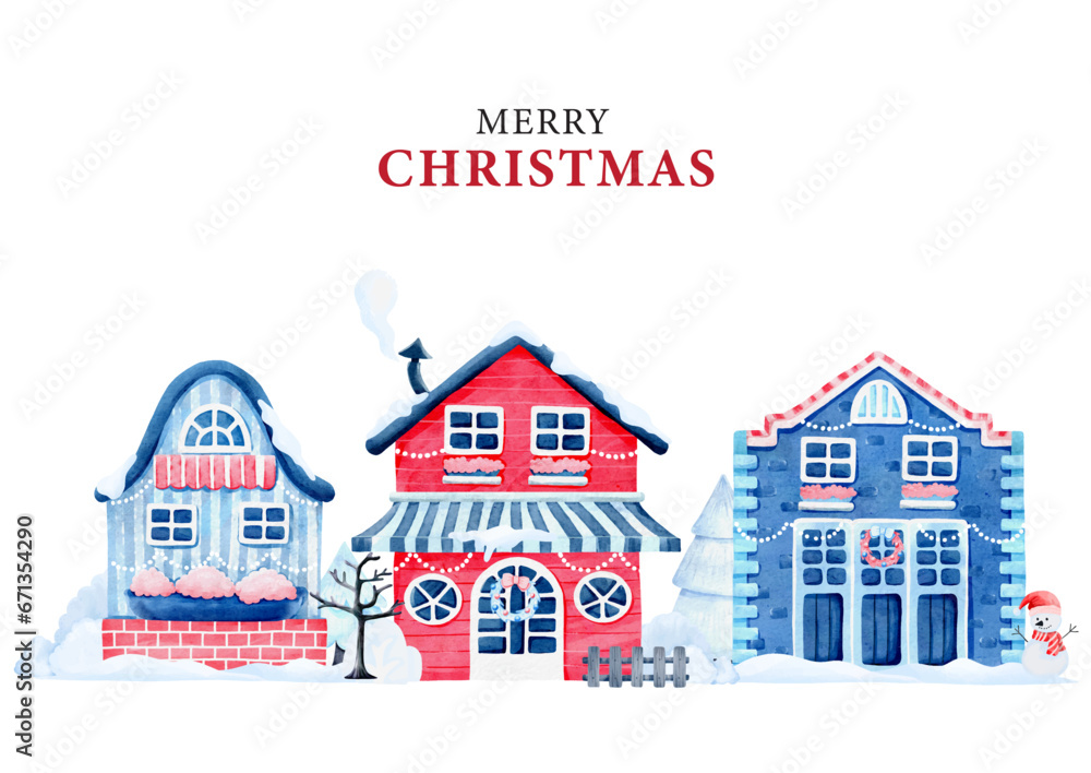 Christmas card template with watercolor winter house with a snow cap, Christmas house, Winter houses landscape vector illustration Christmas card template with watercolor winter house with a snow cap, Christmas house, Winter houses landscape vector illustration