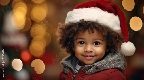 Young child in red winter wear, Santa hat on, amidst a bokeh of golden and white lights.