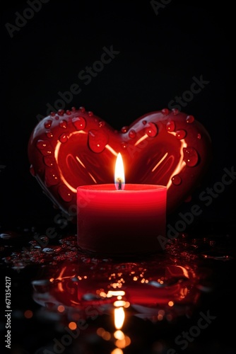 Red heart shaped candle on black background. Valentine s day concept.