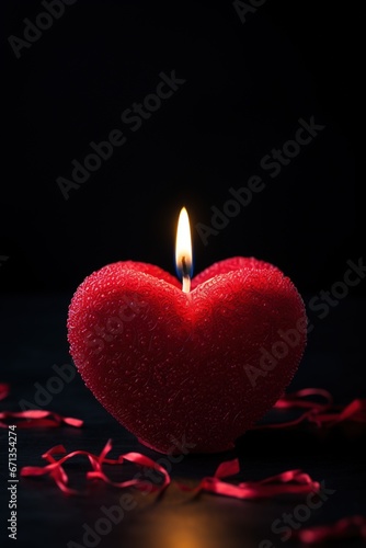 Red heart shaped candle on black background. Valentine's day concept.