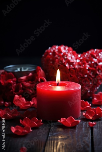 Red heart shaped candle on black background. Valentine s day concept.