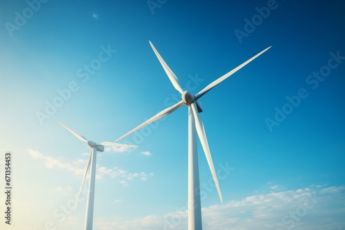 Close-up of wind turbines on blue sky background