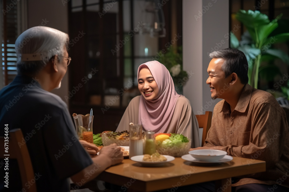 Happy muslim family talking while having a meal at dining table Happy muslim family talking while having a meal at dining table
