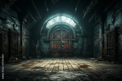 Abandoned asylum door ajar, offering a glimpse of a spooky, decaying room with a haunting atmosphere, Generative AI © Box Milk