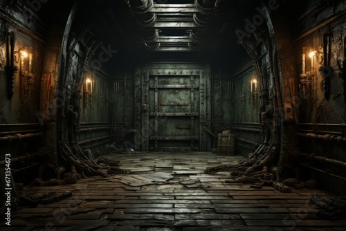Abandoned asylum door ajar, offering a glimpse of a spooky, decaying room with a haunting atmosphere, Generative AI