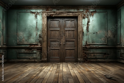 Abandoned asylum door ajar, offering a glimpse of a spooky, decaying room with a haunting atmosphere, Generative AI 