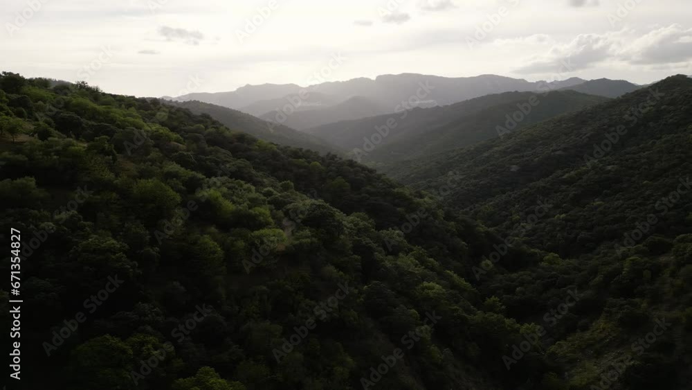 Misty mountain valley in early morning, aerial view of Spain Misty mountain valley in early morning, aerial view of Spain