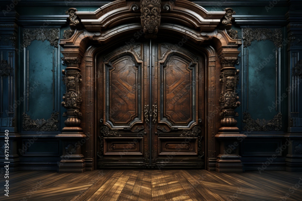 Elegant wooden door opened to reveal a mysterious and dark room, Generative AI - obrazy, fototapety, plakaty 