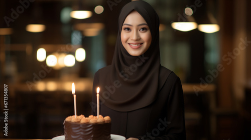 Beautiful young muslim woman with hijab standing in front of her cake celebrating birthday