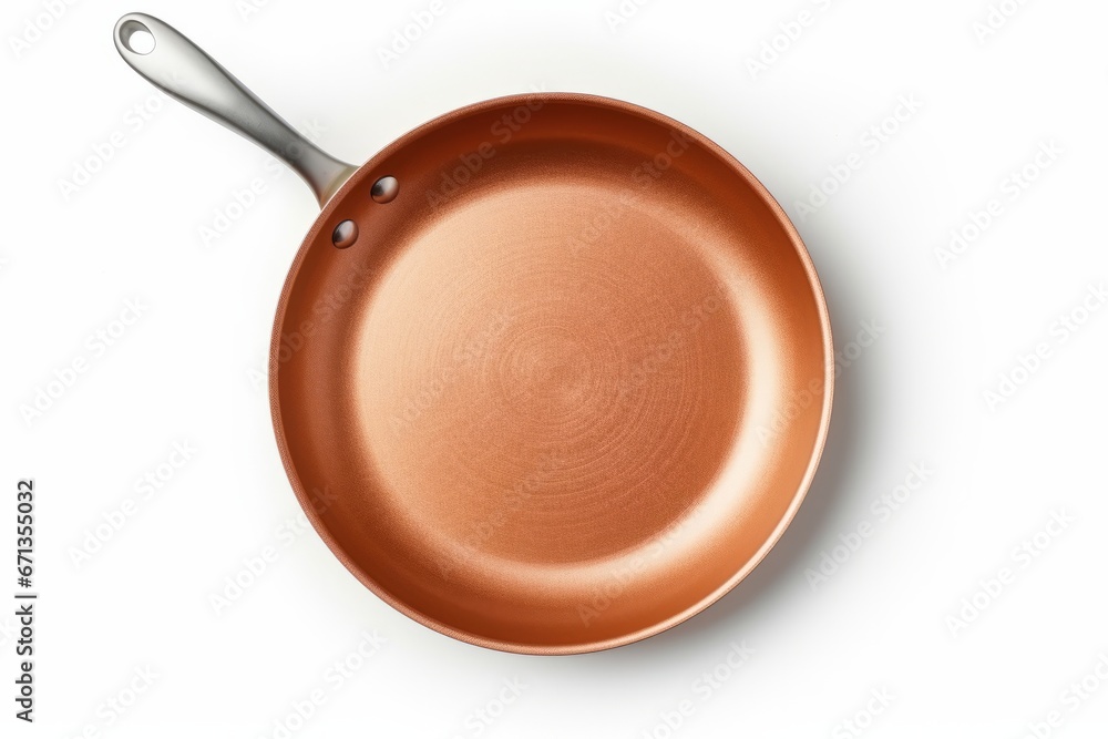 Empty copper frying pan on the kitchen. Top view - obrazy, fototapety, plakaty 