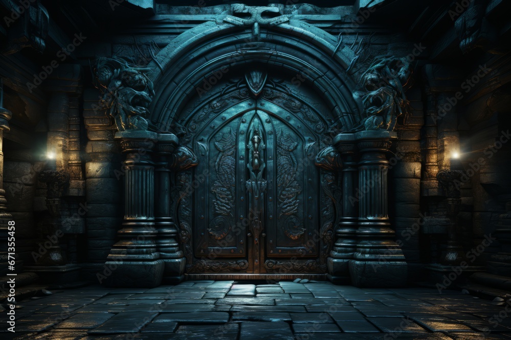 Medieval dungeon door slowly swinging open, revealing a dark and gloomy chamber with chains and shackles, Generative AI