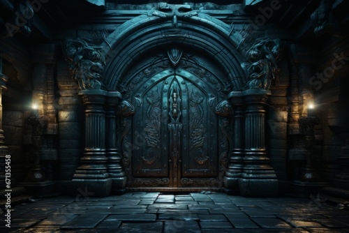 Medieval dungeon door slowly swinging open  revealing a dark and gloomy chamber with chains and shackles  Generative AI