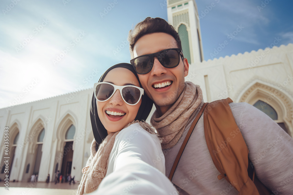 Happy young muslim couple takinf selfie photo in mosque