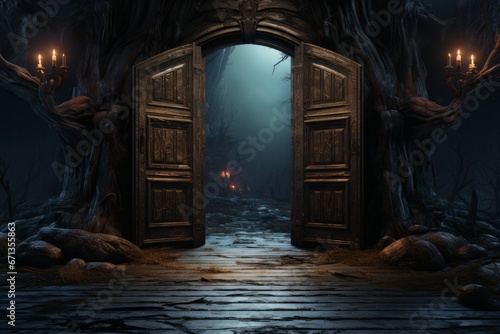 Spooky haunted house door ajar, offering a peek into a dim and eerie room with ghostly elements, Generative AI photo