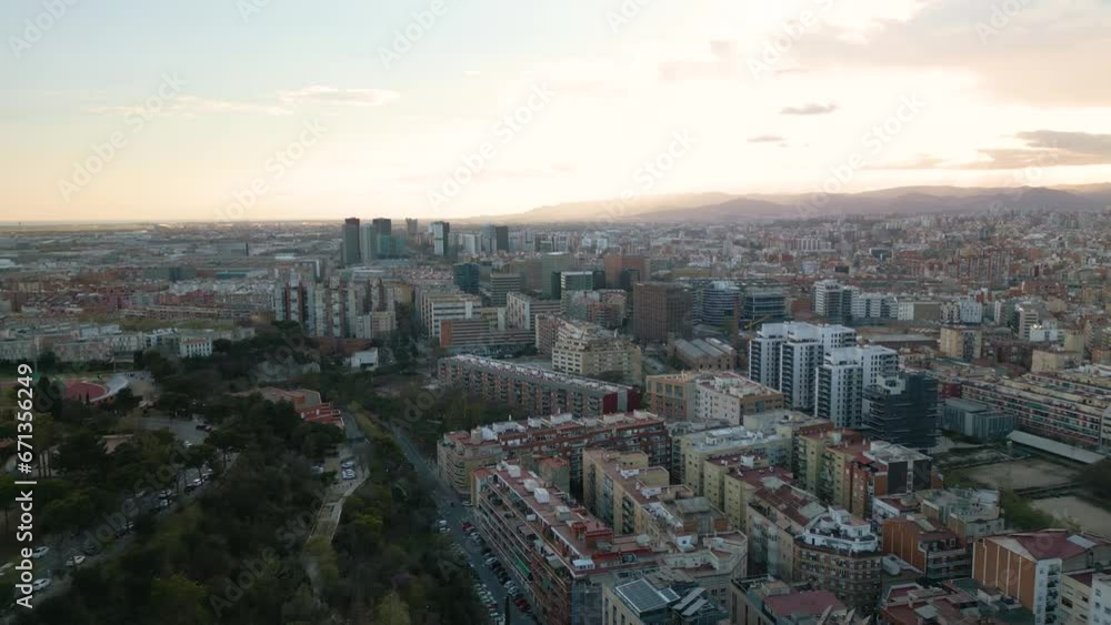 Forward Drone Shot Above Beautiful Barcelona, Spain at Sunset Forward Drone Shot Above Beautiful Barcelona, Spain at Sunset
