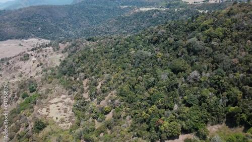 Drone aerial pan up to reveal a vast Australian mountain valley with native trees photo