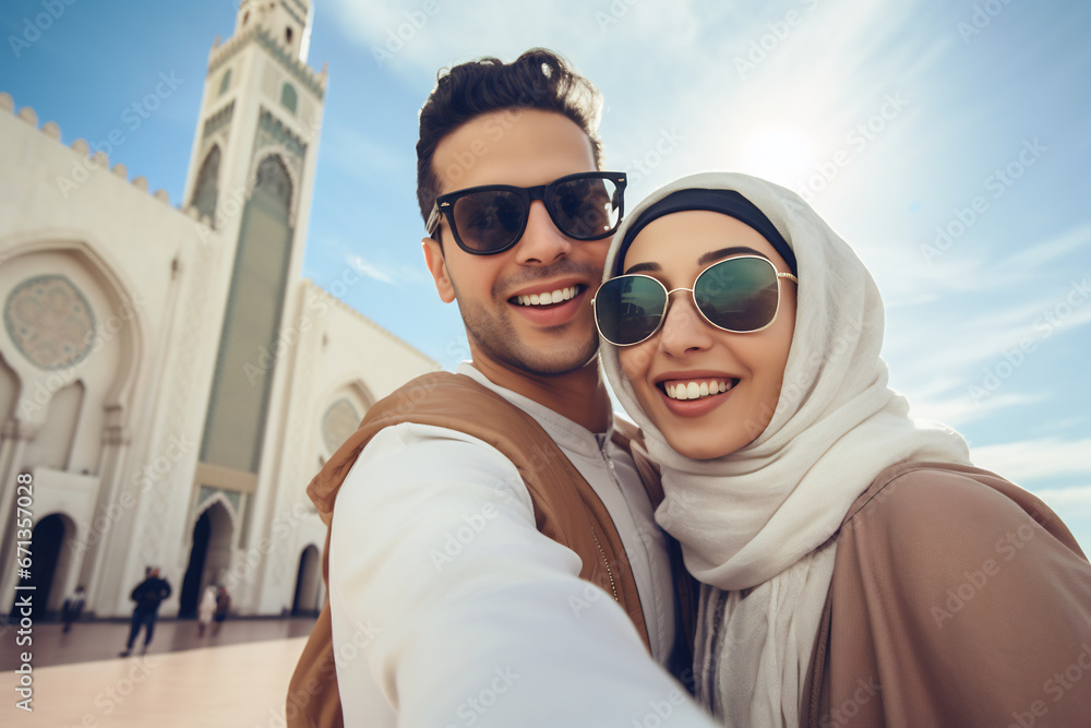 Happy young muslim couple takinf selfie photo in mosque