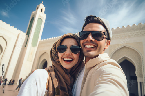 Happy young muslim couple takinf selfie photo in mosque photo