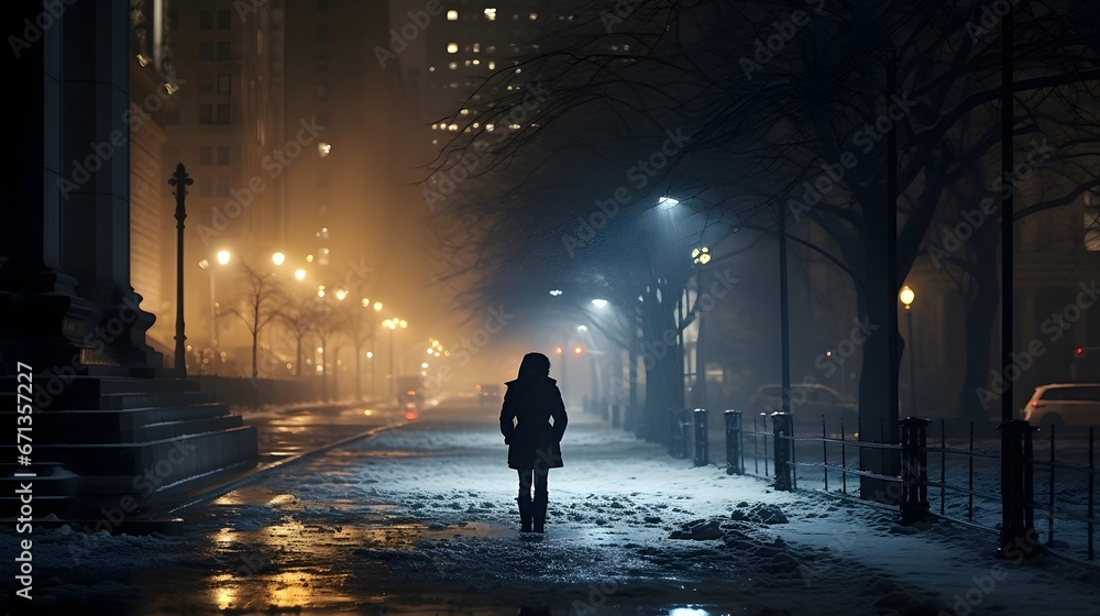 Solitary Figure Amidst Manhattan Snowfall: An Enchanting Evening - obrazy, fototapety, plakaty 