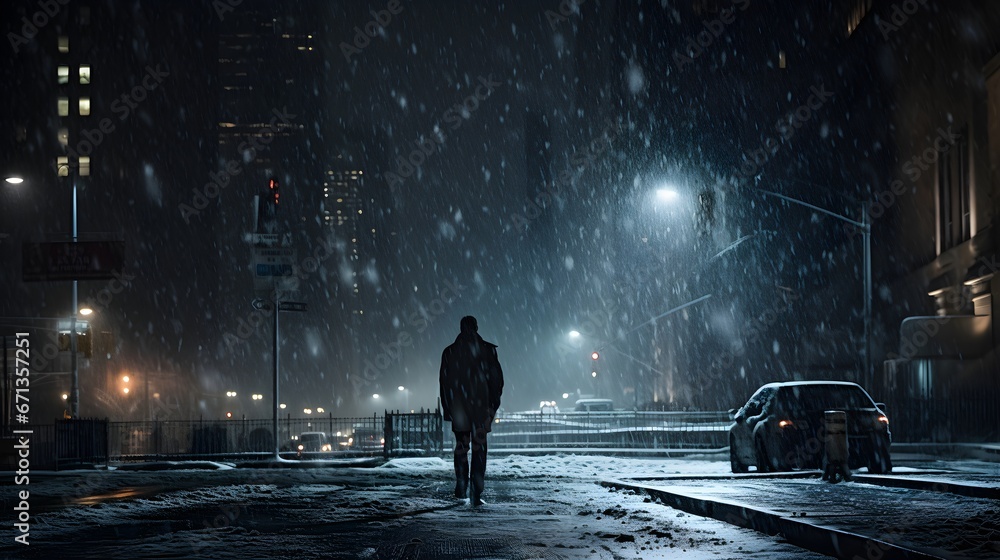 Solitary Figure Amidst Manhattan Snowfall: An Enchanting Evening - obrazy, fototapety, plakaty 