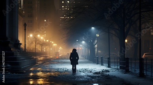 Solitary Figure Amidst Manhattan Snowfall  An Enchanting Evening