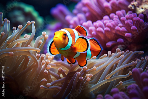 A colorful underwater ballet Clownfish navigating the vibrant coral reef tapestry