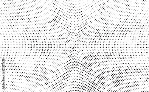Grunge halftone vector print background. Radial halftone dots. Spotted and dotted stains gradient background. Concentric comic texture with fading effect. 