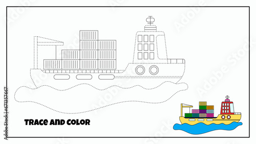 Tanker Ship or Cargo Trace and Color Education For Kids. Water Transport Collection. Vector Cartoon Doodle Style