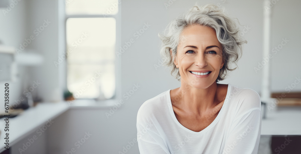 Middle-aged woman smiling at the camera in her home office Middle-aged woman smiling at the camera in her home office
