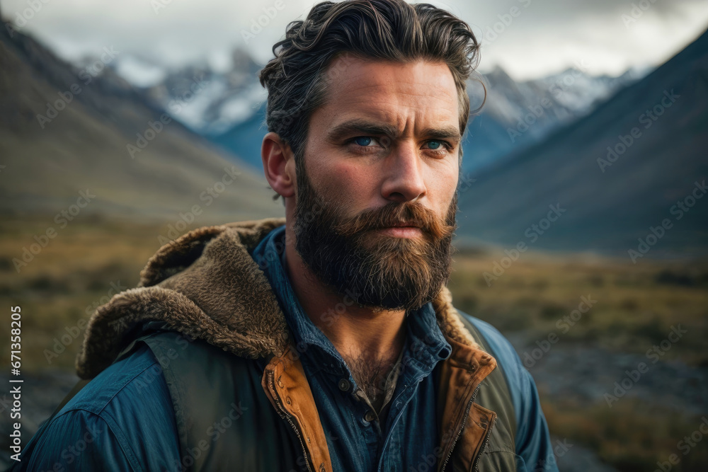 A bearded man in a jacket stares at the backdrop of a mountain range during cloudy weather A bearded man in a jacket stares at the backdrop of a mountain range during cloudy weather
