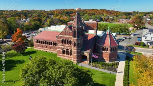 Winn Memorial Library is public library of Woburn, built in 1879 with Romanesque Revival style at 45 Pleasant Street in historic downtown Woburn, Massachusetts MA, USA.  photo