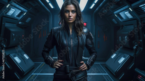 A dark-haired woman stands confidently in a spaceship cabin, wearing a black leather jacket and pants