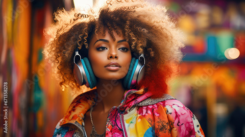 A young black african american woman with voluminous curly hair wears vibrant headphones and a colorful jacket, standing in front of a graffiti-covered background photo