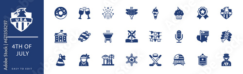 4TH OF JULY icon collection. Containing Hat, Hockey, Hot Dog, Ice Cream, Independence Declaration, Las Vegas, icons. Vector illustration & easy to edit.