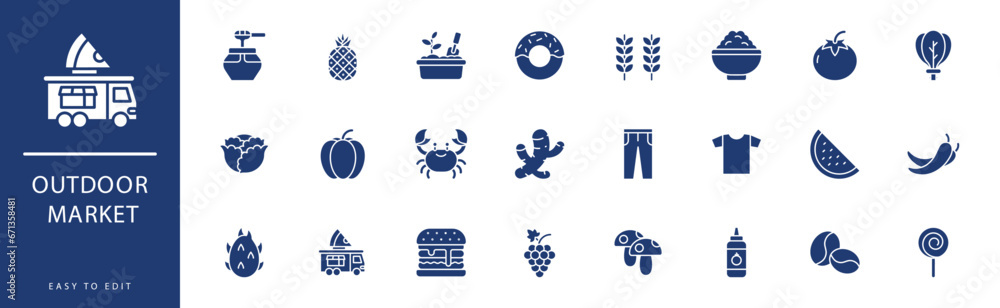 Outdoor Market icon collection. Containing Fruit, Gardening, Ginger, Grapes, Honey, Hot Dog,  icons. Vector illustration & easy to edit.