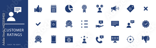 Customer Ratings icon collection. Containing Give Heart, Good Feedback, Happy, Items, Like, Loyalty,  icons. Vector illustration & easy to edit.