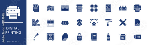 Digital printing icon collection. Containing Binding, Book, Bottle, Box, Brochure, Business Card,  icons. Vector illustration & easy to edit.
