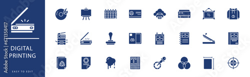 Digital printing icon collection. Containing File, Flyer, Frame, Guillotine, Hardbound  Book, Hood,  icons. Vector illustration & easy to edit.
