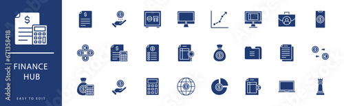 Finance Hub icon collection. Containing Bar Chart, Bill, Blockchain, Book, Briefcase, Budget,  icons. Vector illustration & easy to edit.