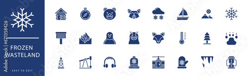 Frozen Wasteland icon collection. Containing Boat, Bonfire, Buffalo, Cable Car, Christmas Tree, Compass,  icons. Vector illustration & easy to edit.