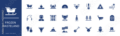 Frozen Wasteland icon collection. Containing Lantern, Low Temperature, Mammoth, Penguin, Pine Tree, Refinery,  icons. Vector illustration & easy to edit.