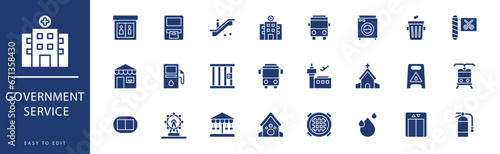 Government service icon collection. Containing Library, Museum, No Smoke, Park, Playground, Police Station, icons. Vector illustration & easy to edit.
