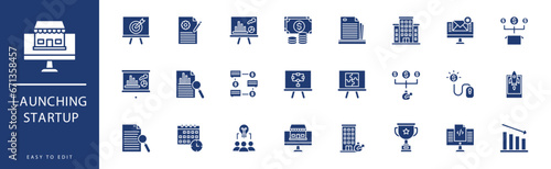 Launching Startup icon collection. Containing Calculator, Calendar, Cash, Chat, Clock, Coding,  icons. Vector illustration & easy to edit.