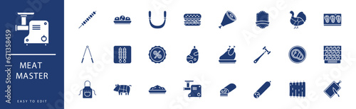 Meat Master icon collection. Containing Ham, Hook, Knives, Label, Lamb, Meat Claw,  icons. Vector illustration & easy to edit.