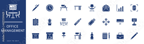Office Management icon collection. Containing Laptop, Letters, Meeting Room, Mouse, Network, Note, icons. Vector illustration & easy to edit.