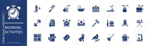 morning activities icon collection. Containing List, Make Up, Milk, Mirror, Moisturizing, News,  icons. Vector illustration & easy to edit.