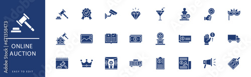 online auction icon collection. Containing Card Payment, Carnival Mask, Cctv, Certificate, Charity, Cheque,  icons. Vector illustration & easy to edit.