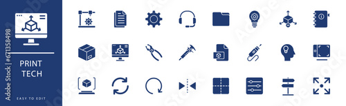 Print Tech icon collection. Containing Add, Blueprint, Box, Concept, Cube, Directional,  icons. Vector illustration & easy to edit.
